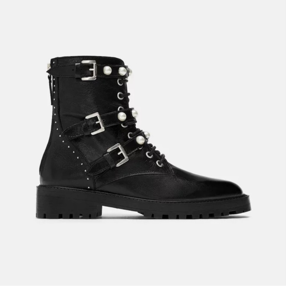 Zara Moto Boots w/ Faux Pearls & Studded Detail